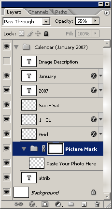 Photoshop Layers pallete showing the result of building a calendar
with Jeffrey's Calendar-Building Photoshop script
(https://regex.info/blog/photo-tech/calendar/) Photoshop Layers pallete showing the result of building a calendar
with Jeffrey's Calendar-Building Photoshop script
(https://regex.info/blog/photo-tech/calendar/)